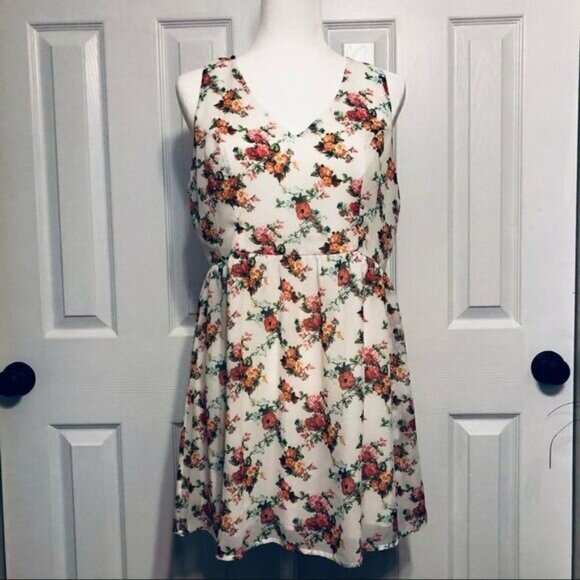 Love Tree Happens White Apricot and Pink Sheer Floral Dress. - Picture 2 of 7